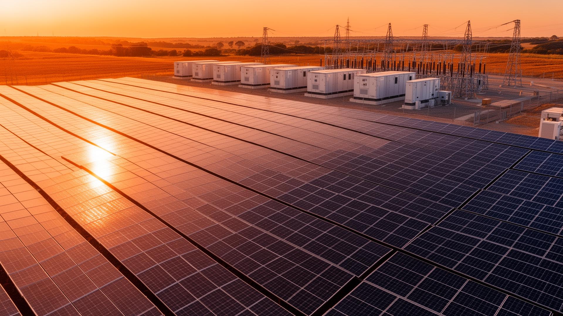 Solar farm and clean energy infrastructure at golden hour
