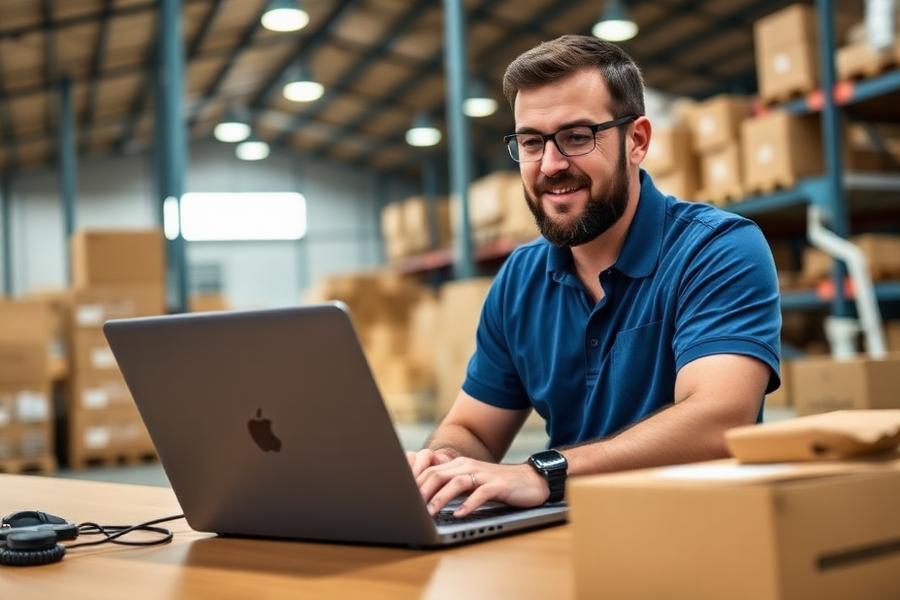 Distributor working on a laptop in a warehouse